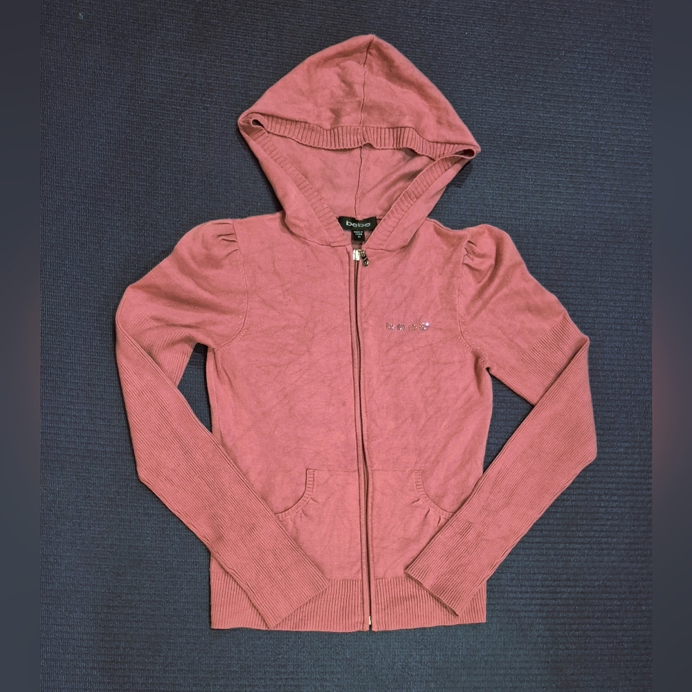 Bebe Crystals Logo CAMEO Hoodie Long Sleeve Zip Up Sweater - Small.